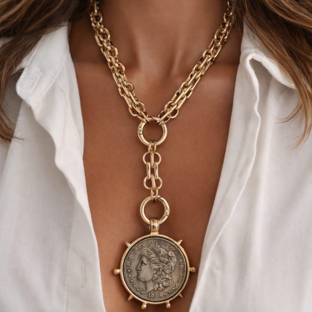 Vintage Gold 1880 Coin Statement Necklace Y Lariat - Picture 5 of 7